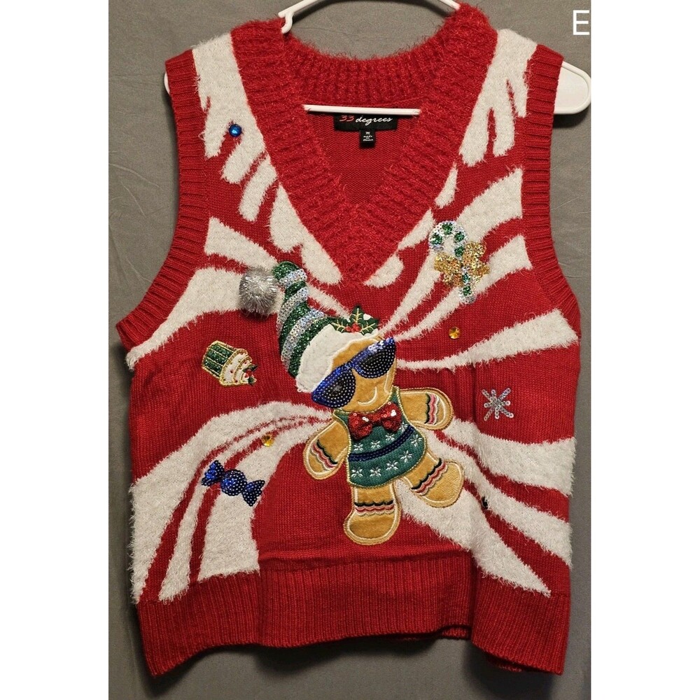 33 Degrees Ugly Christmas Sweater Vest Womens M Gingerbread Sequin Holiday...